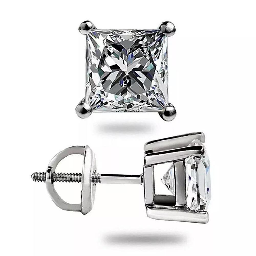 4Ct Princess Cut VVS1/D Lab Created Studs Earrings 14k White Gold 7mm Screw Back